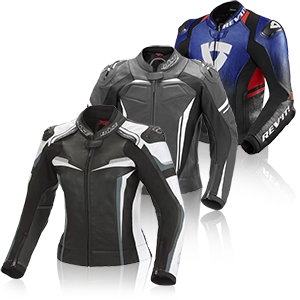 Three sporty leather motorcycle jackets in black, grey and blue with protectors and logos.
